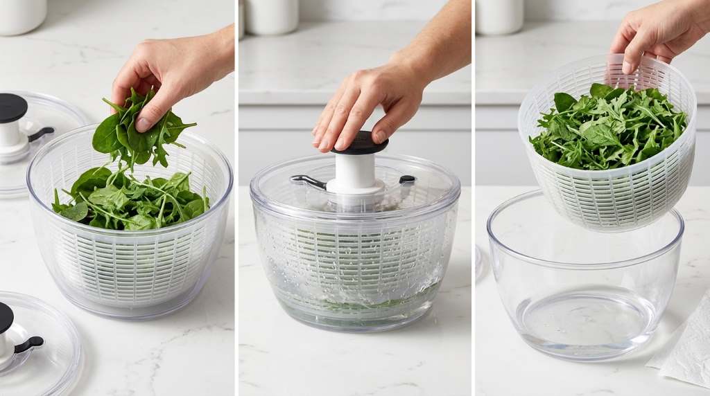 Hands using the pump on an OXO Salad Spinner