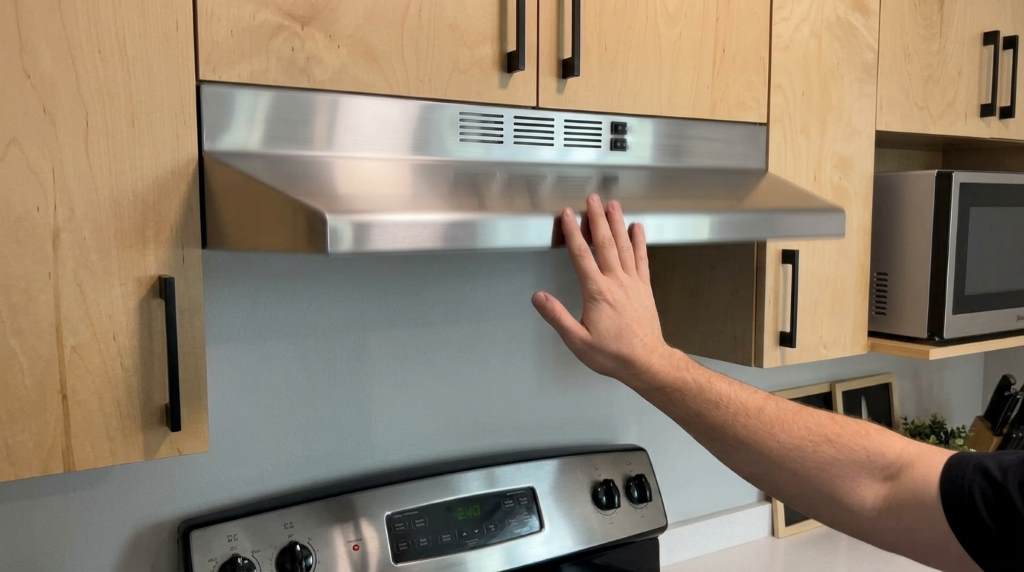 Inspecting mounting screws on a noisy Firegas range hood