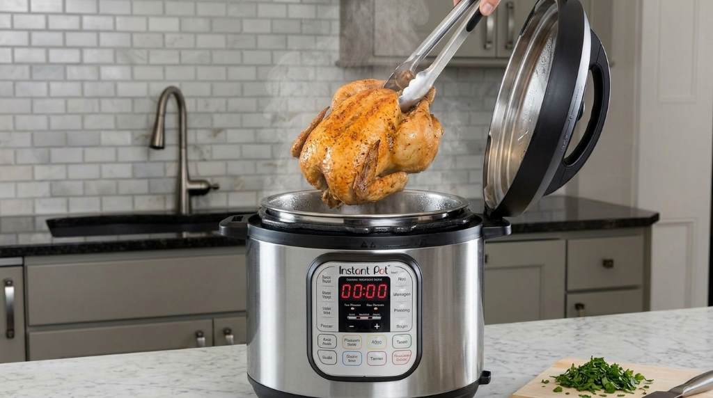 Instant Pot Duo pressure cooker with prepared food