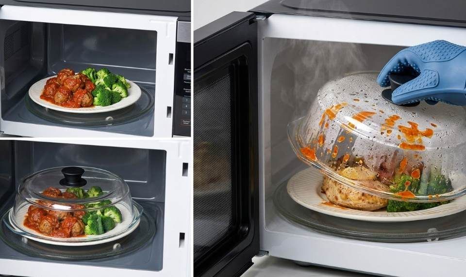 Leraze glass microwave cover protecting food from splatters