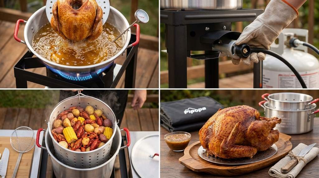 Outdoor turkey frying setup during a family gathering