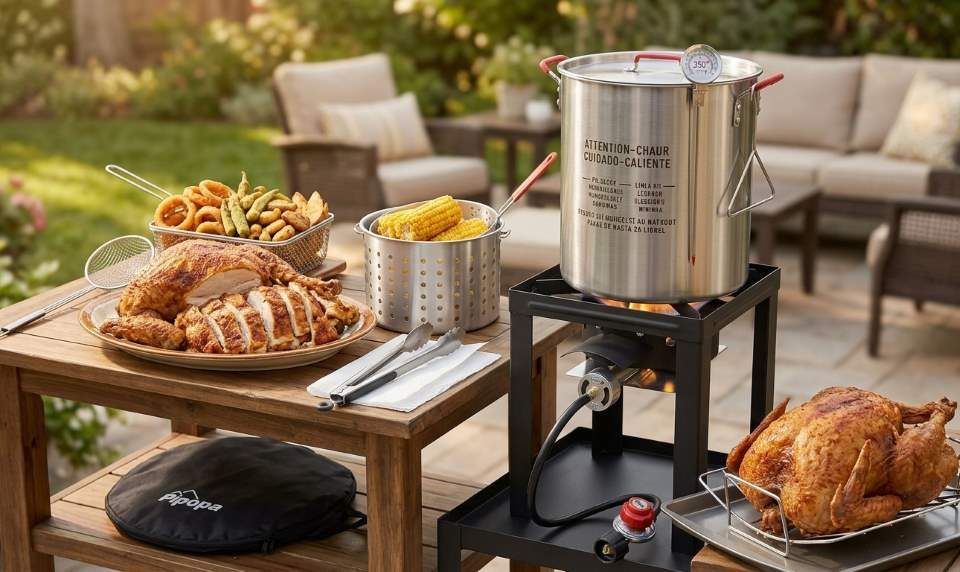 Pipopa Turkey Fryer Set preparing a whole turkey outdoors