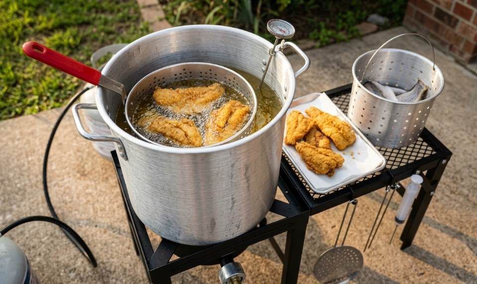 Rovsun Seafood Boiler frying crispy fish outdoors