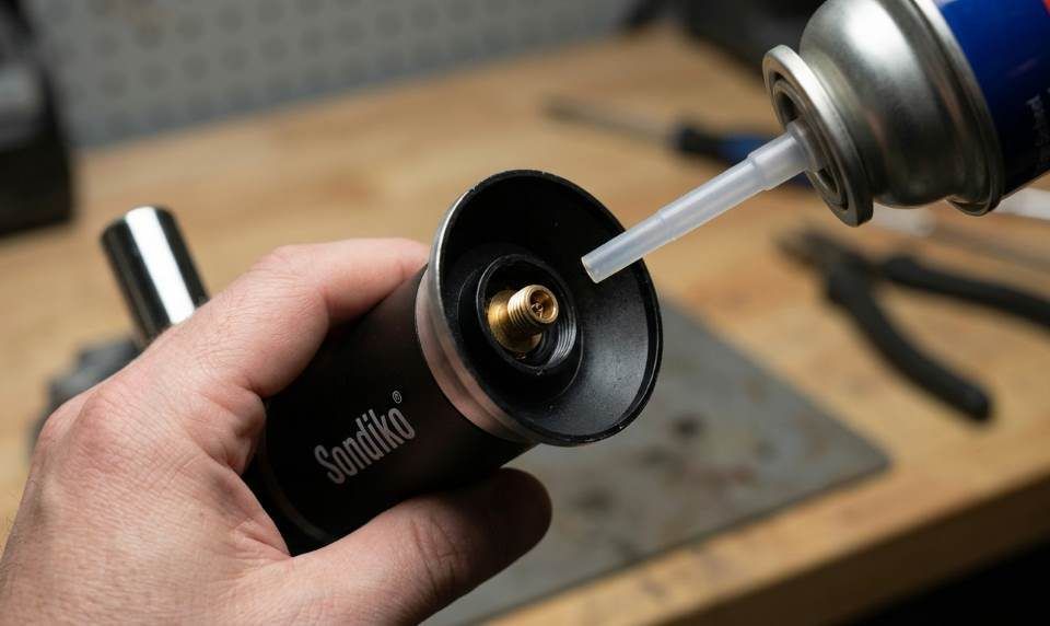 Sondiko butane torch being safely refilled with butane