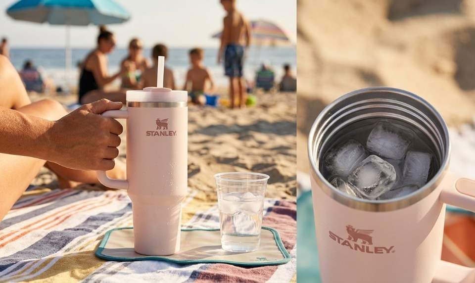 Stanley Quencher H2.0 Tumbler with ice water on a desk