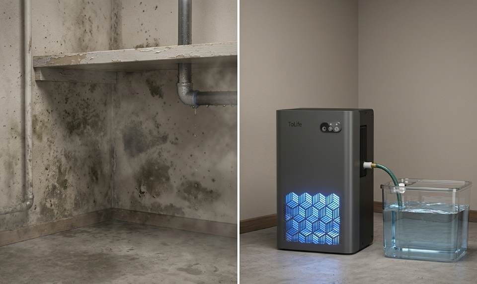 ToLife dehumidifier operating in a damp bedroom