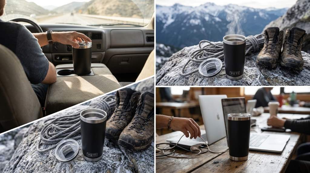 Travel tumbler placed in a vehicle cup holder