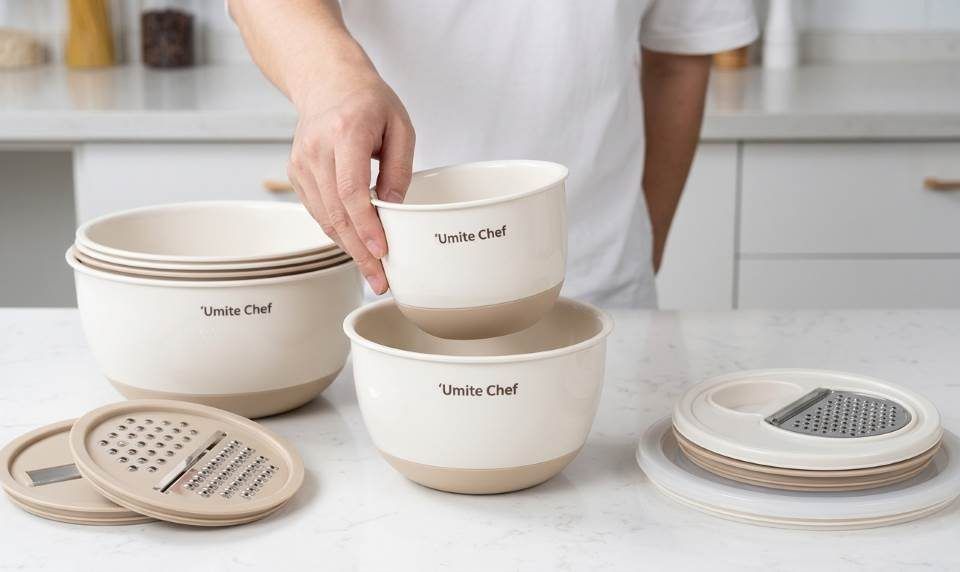 Umite Chef mixing bowls nested neatly inside kitchen cabinet