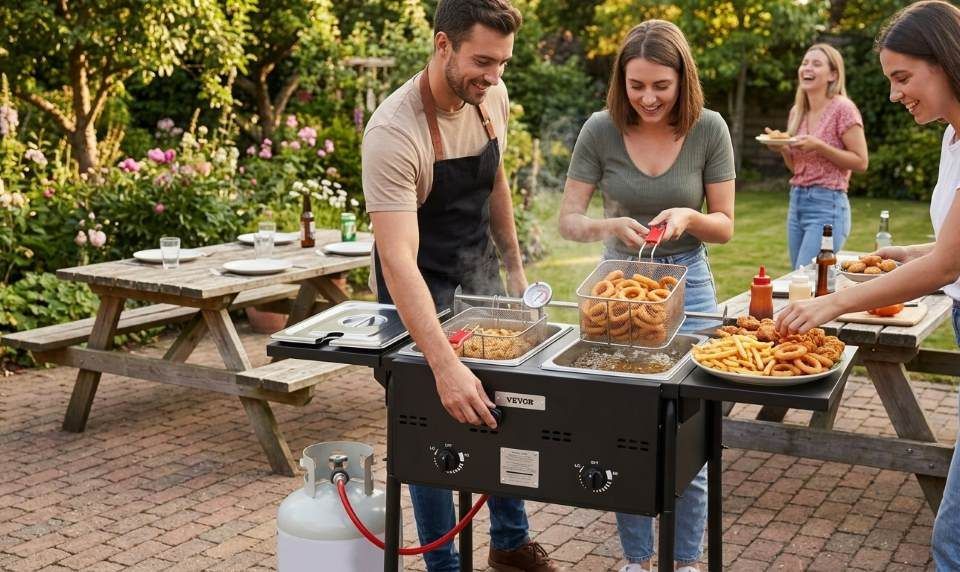 Vevor outdoor propane deep fryer cooking crispy seafood outdoors