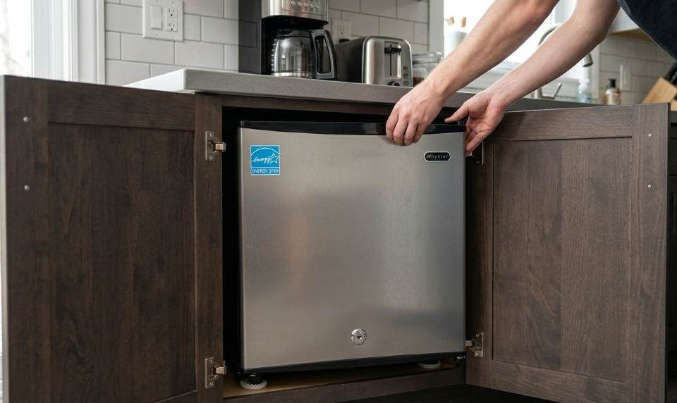 Whynter CUF 112SS mini upright freezer in compact kitchen