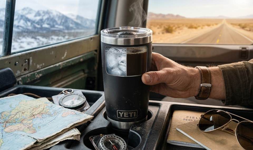 Yeti Rambler 20 Oz Tumbler on a travel road trip