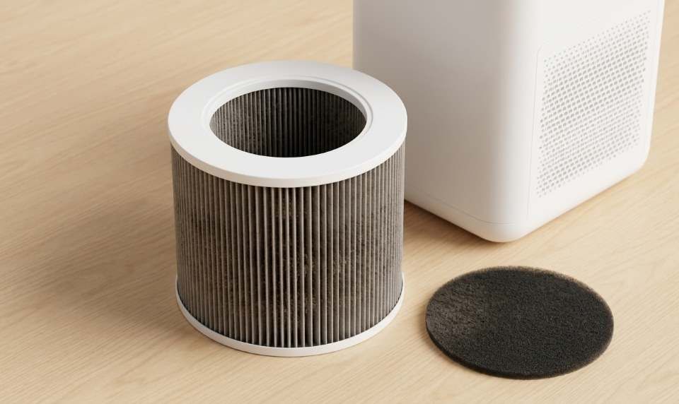 Core Mini replacement filter beside compact air purifier