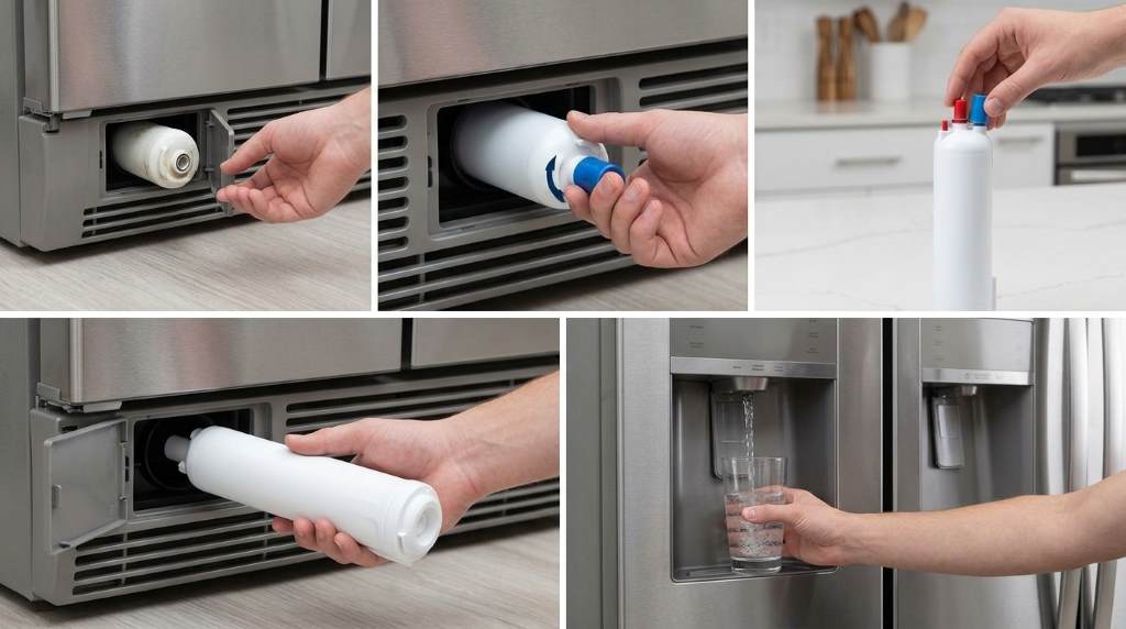 Flushing refrigerator water dispenser after filter replacement