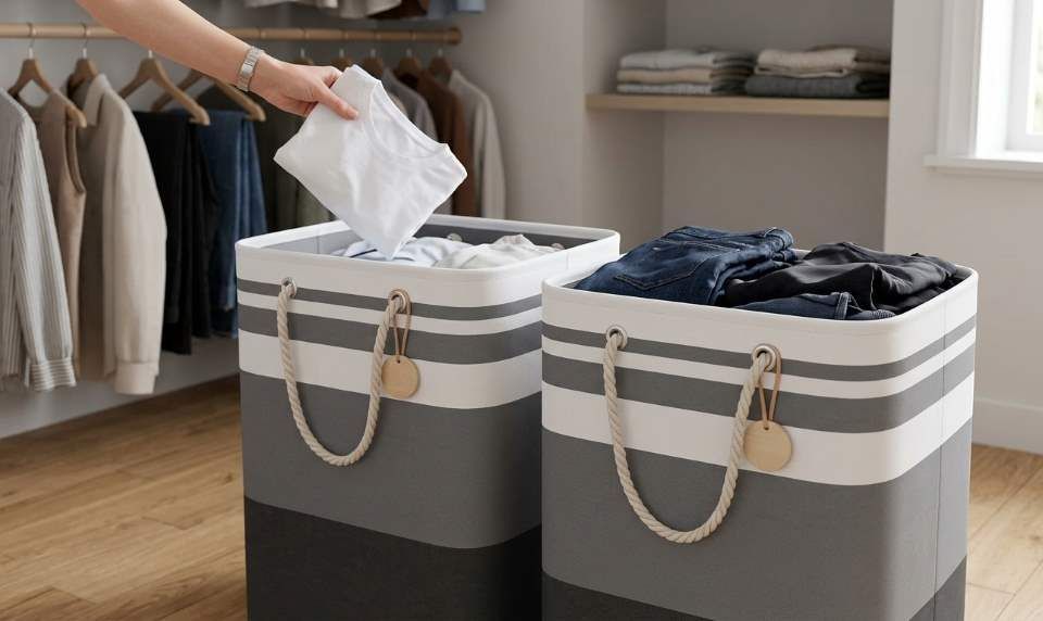 Homehacks laundry hampers organized beside a washing machine