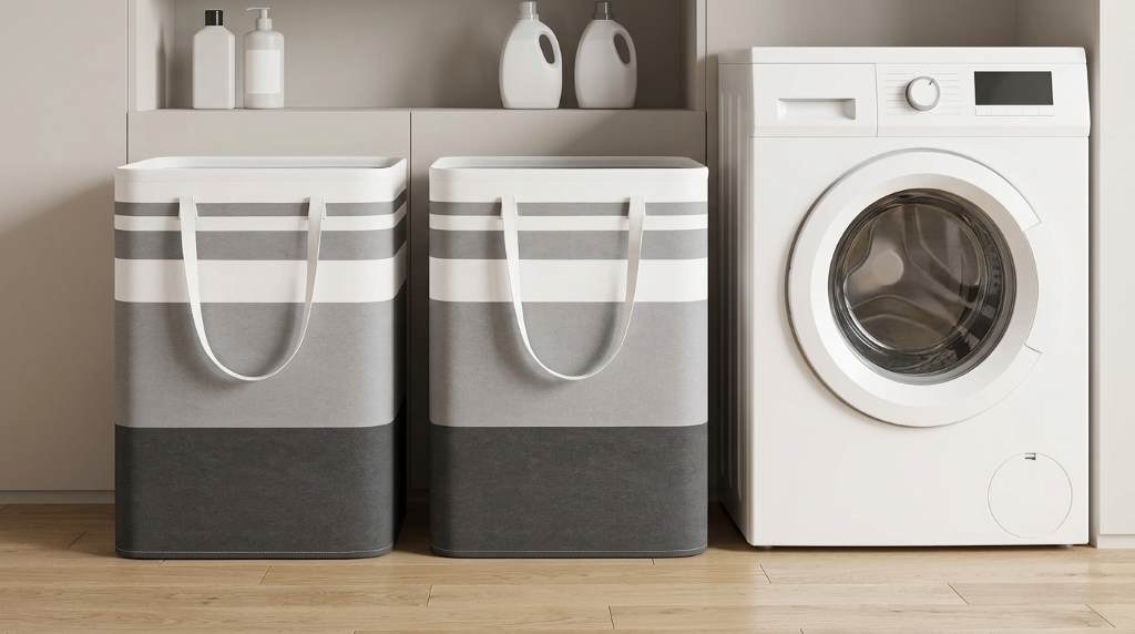 Homehacks rolling laundry hamper beside organized laundry supplies