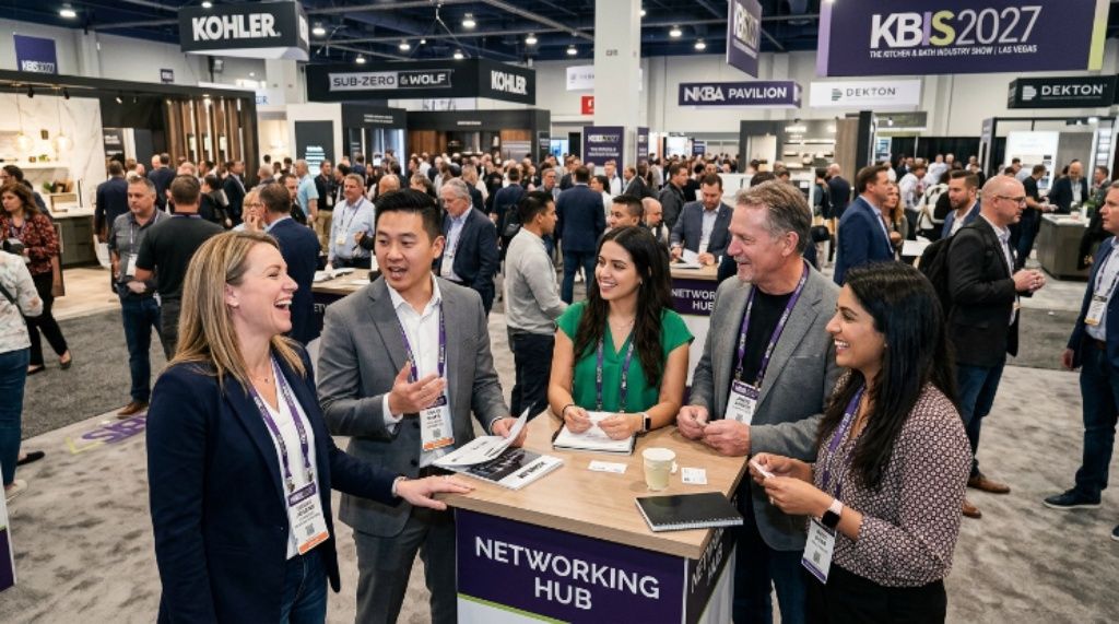 Kitchen and bath industry professionals networking at the KBIS 2027 trade show in Las Vegas