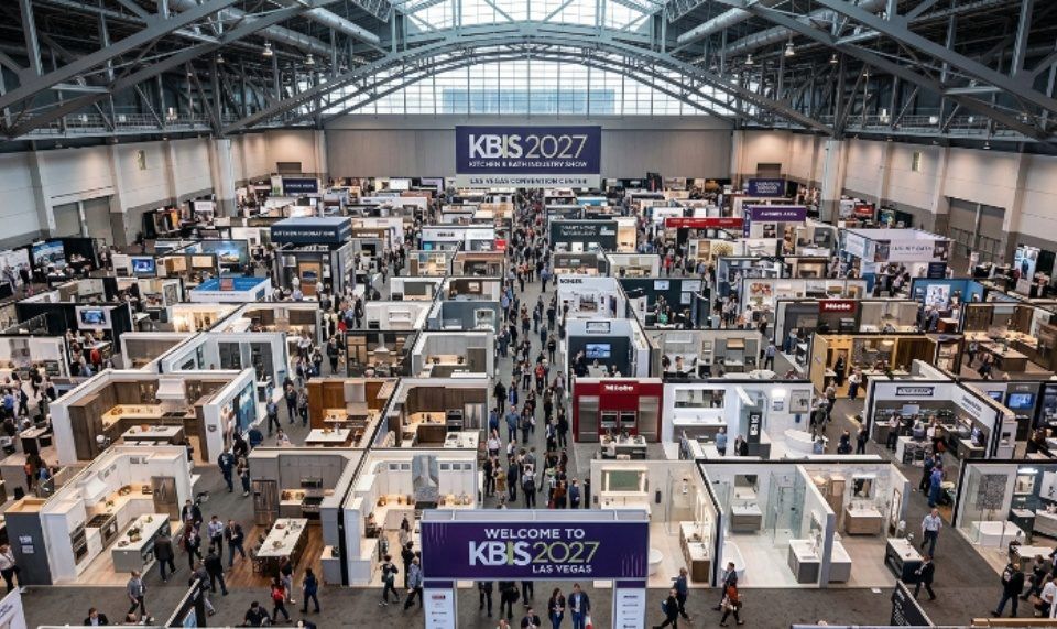 Aerial view of the KBIS 2027 exhibit hall at the Las Vegas Convention Center filled with kitchen and bath displays