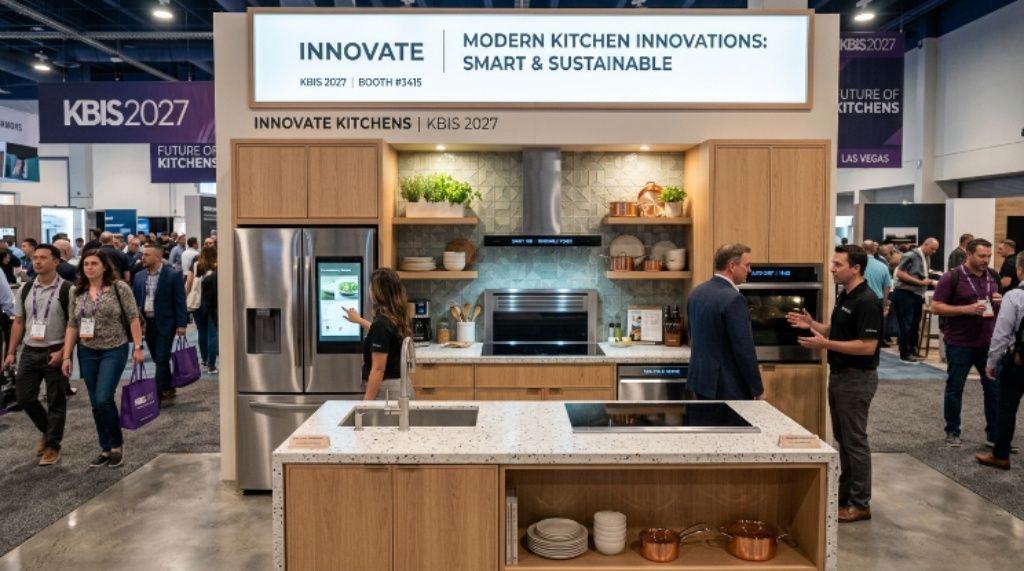 Modern kitchen product display at the KBIS 2027 show featuring smart appliances and sustainable materials