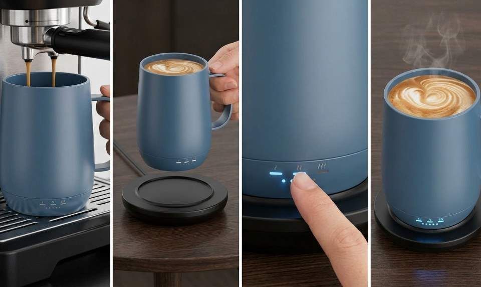 Kepwam T2 self heating coffee mug on charging coaster