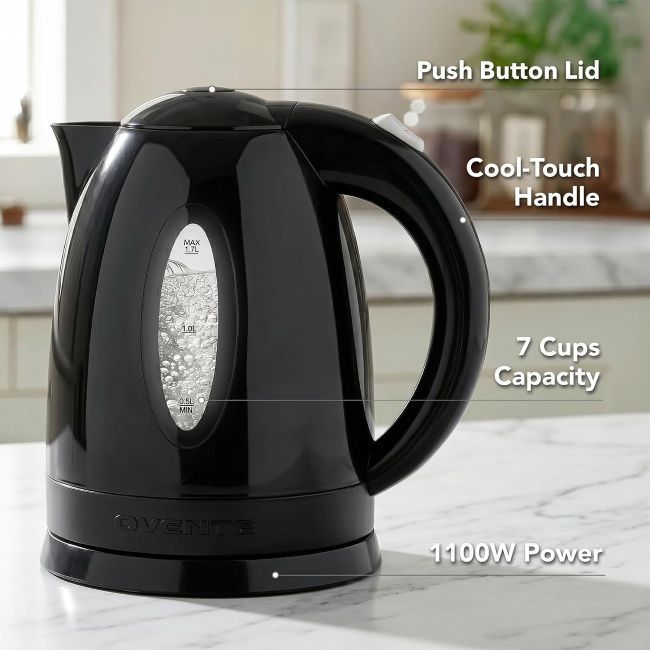 OVENTE electric tea kettle with black countertop design