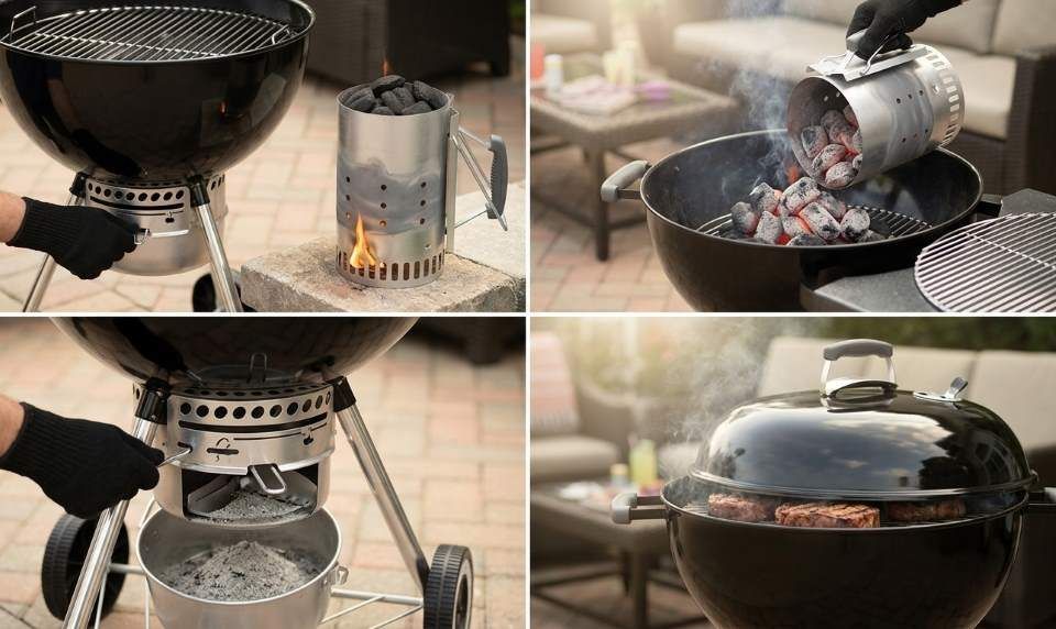 Outdoor chef checking built-in lid thermometer on black Weber Original Kettle Premium