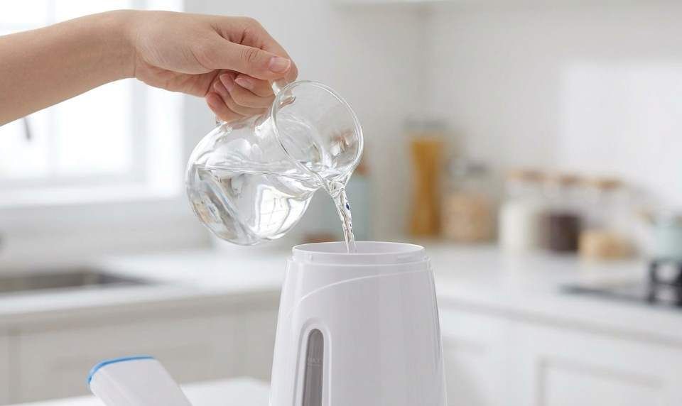 Person using an Oghom clothes steamer on a hanging shirt