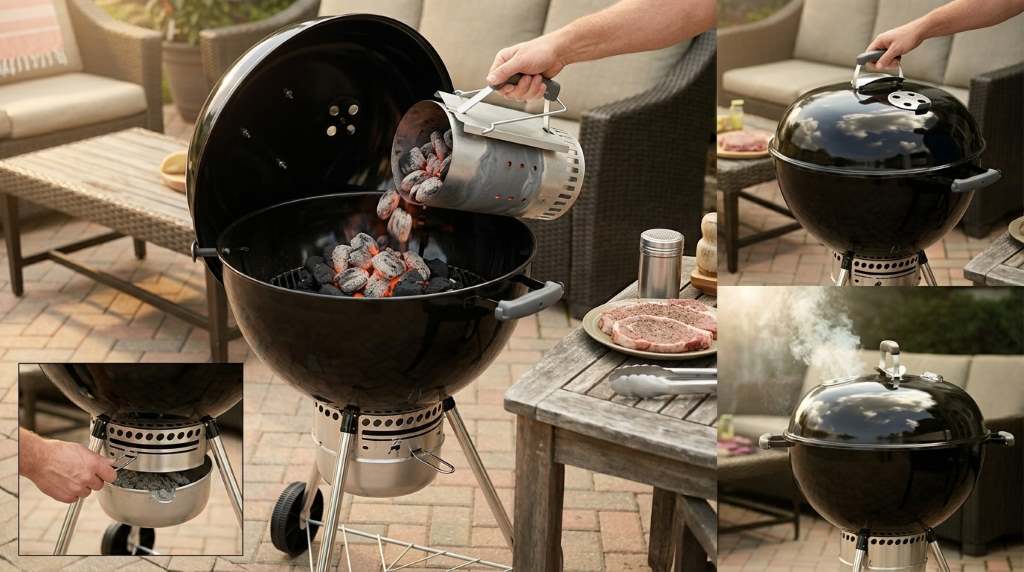 Removing enclosed aluminum ash catcher bucket beneath kettle grill for clean disposal.