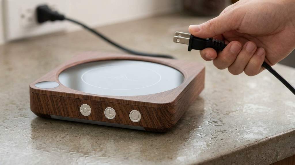 Soft damp cloth used to clean an electric coffee mug warmer