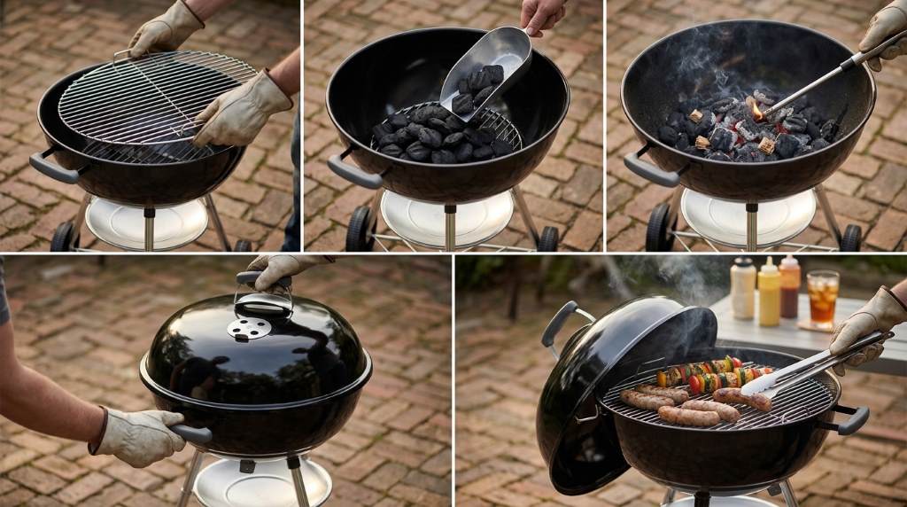 Two-zone grilling setup with ribeye steaks searing over hot coals