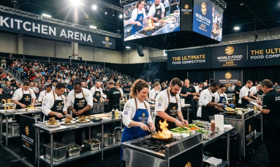 Competitors cooking in the Kitchen Arena at the World Food Championships 2026 in Indianapolis, Indiana