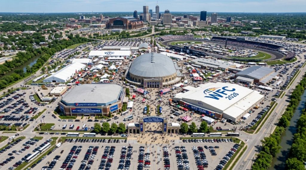 Aerial view of the Indiana State Fairgrounds and Event Center, host venue of WFC 2026